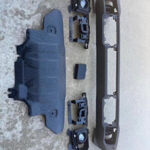 metal capable bumper off a 2025 Bronco. This bumper has the cutouts for front parking sensors but does not come the sensor or harness. It does come with the factory shackles, fog lights, skid plate and ACC cover. The plastic covers that the inside sensors mount to  and hide the bolts that mount the bumper and shackles are missing. Assembly required and comes with all the hardware