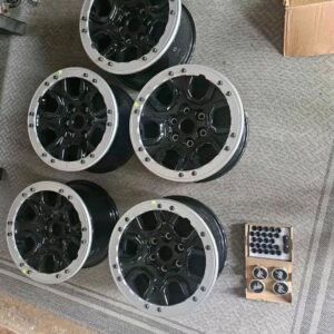 Set of Ford Bronco Sasquatch Wheels, 5 total. They will fit any 2021- 2024 Ford Bronco. They include Center Caps, Lugs nuts, and tire pressure sensors